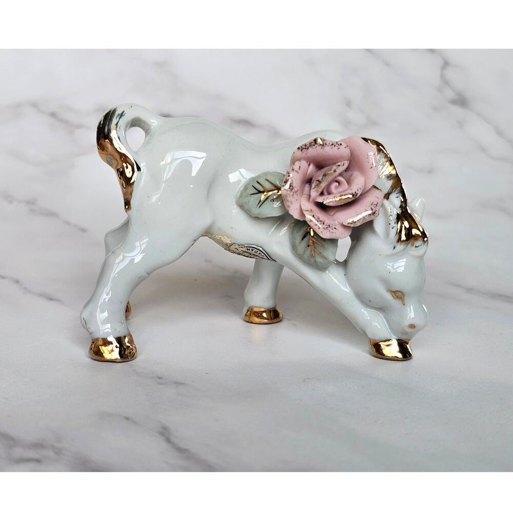 Vintage 1940s Porcelain Horse Figurine Handpainted Pink Rose Gold Gilt